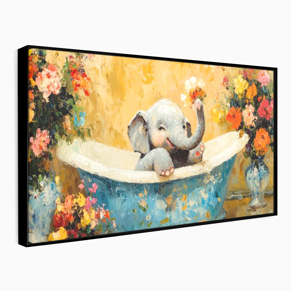 Tablou canvas cu tablou canvas cu pui de elefant in cada, in rama de aluminiu negru